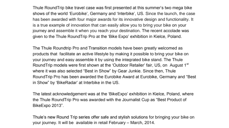 Thule RoundTrip Pro awarded once again for its quality and design, at ‘BikeExpo’ fair, Kielce, Poland