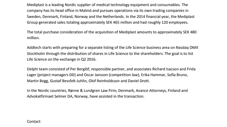 Delphi advisor when Addtech acquires Mediplast