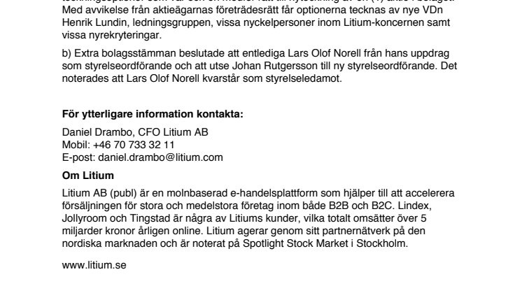Kommuniké från extra bolagsstämma i Litium AB