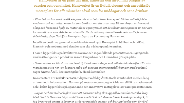 Nu öppnar efterlängtade Restaurang Hantverket  