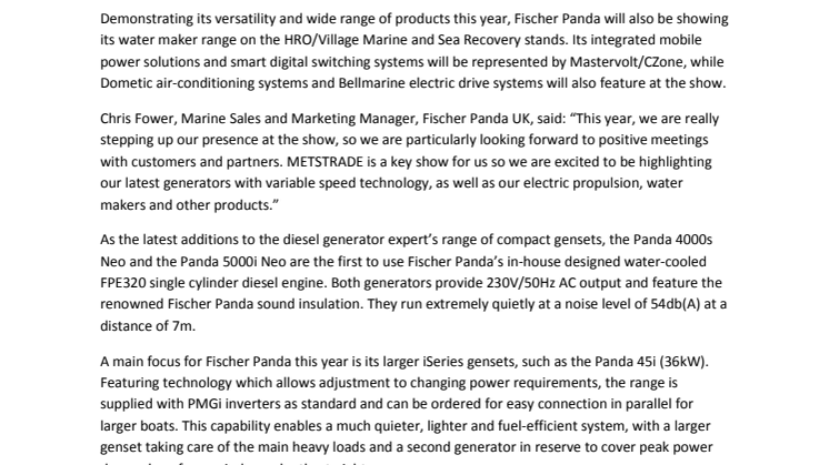 Fischer Panda UK Highlights New Neo and iSeries Generators at METSTRADE