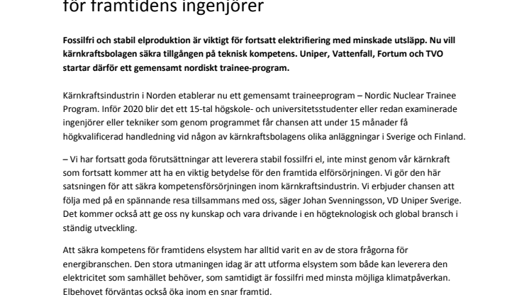 Nordiska kärnkraftsbolag startar trainee-program för framtidens ingenjörer