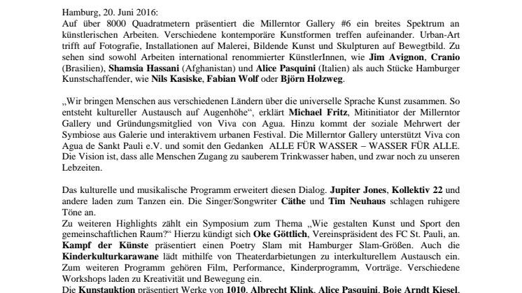 Presseinfo: Kunst für sauberes Trinkwasser im Fußballstadion des FC St. Pauli vom 14. bis 17. Juli 
