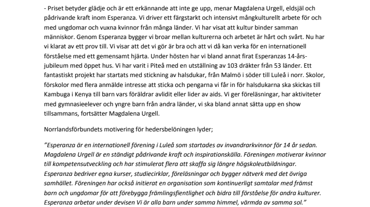 Esperanza mottar Norrlandsförbundets kulturplakett