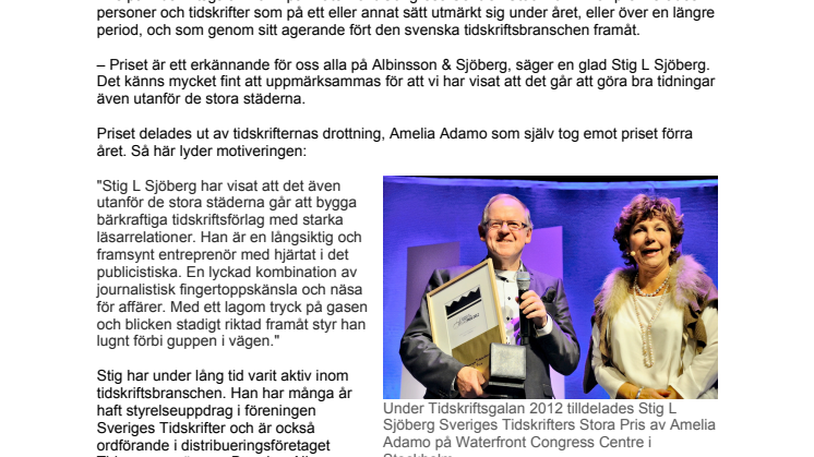Stig L Sjöberg tilldelades igår Sveriges Tidskrifters Stora Pris  
