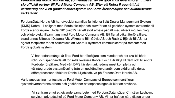 FordonsData officiell partner till Ford Motor Company