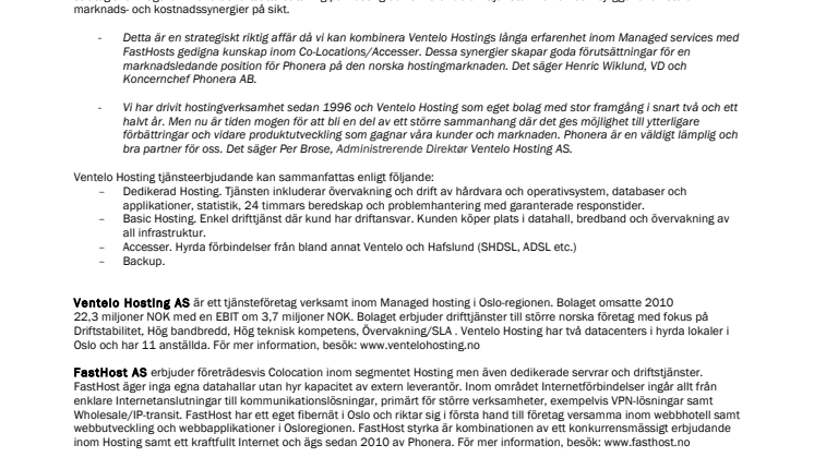 Phonera expanderar i Norge genom förvärvet av Ventelo Hosting AS