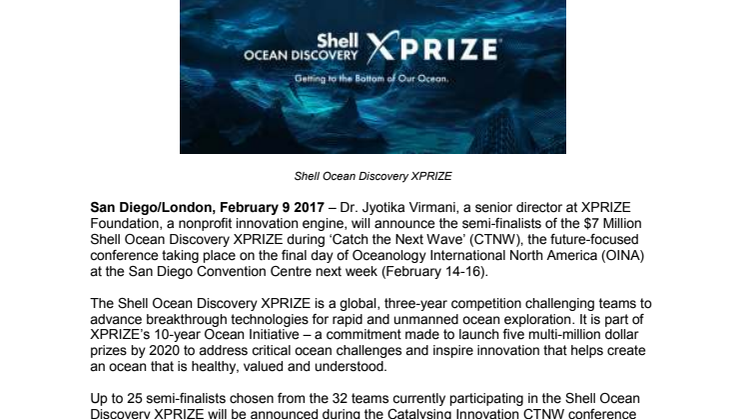 OINA 2017: Shell Ocean Discovery XPRIZE Semi-Finalists to be Announced at Oceanology International North America’s ‘Catch the Next Wave’ Conference