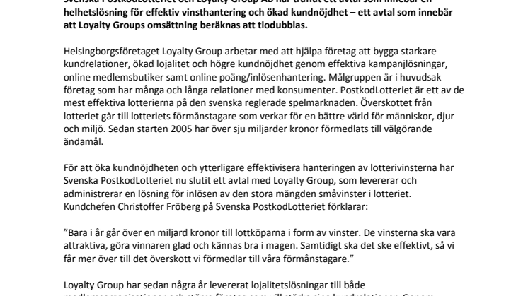 Samarbete mellan Loyalty Group och Svenska PostkodLotteriet