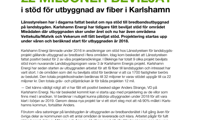 Karlshamn Energi får nytt landsbygdsstöd, 22 miljoner beviljat för utbyggnaden av fiber i Karlshamn
