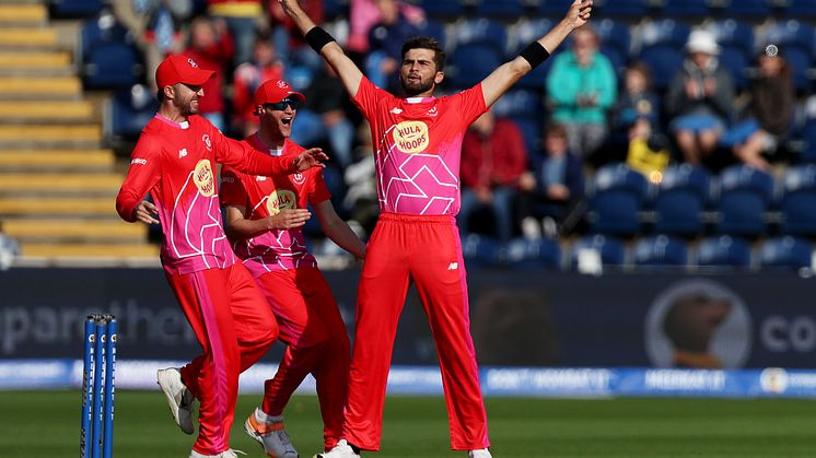 Shaheen Afridi celebrates with Welsh Fire last season. Photo: Getty Images