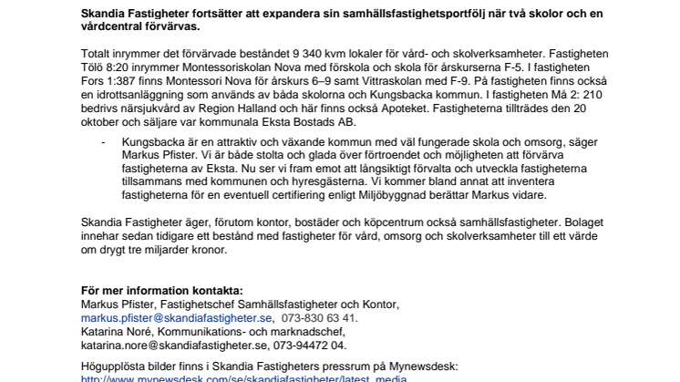 Skandia Fastigheter förvärvar tre samhällsfastigheter i Kungsbacka