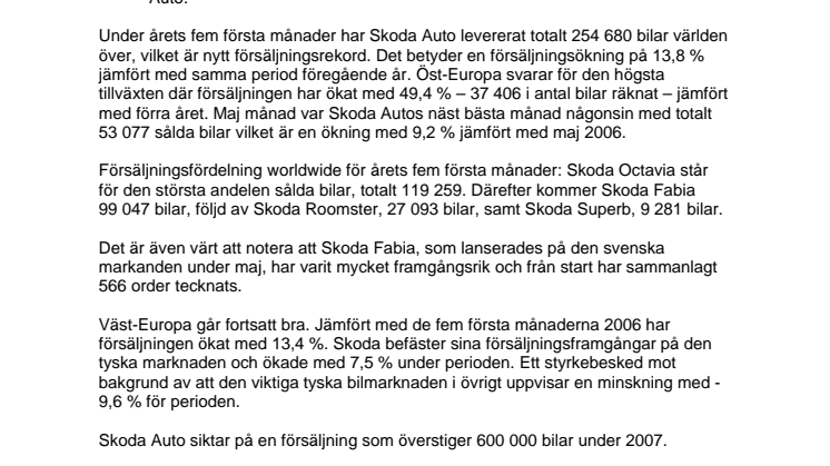 Skoda Auto uppvisar fortsatt kraftiga försäljningsframgångar under årets fem första månader