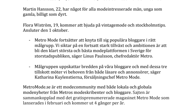 Metro Mode förstärker med tre nya bloggare