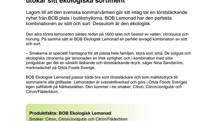​​​​​​​Somrig lemonad från BOB när Orkla Foods Sverige utökar sitt ekologiska sortiment