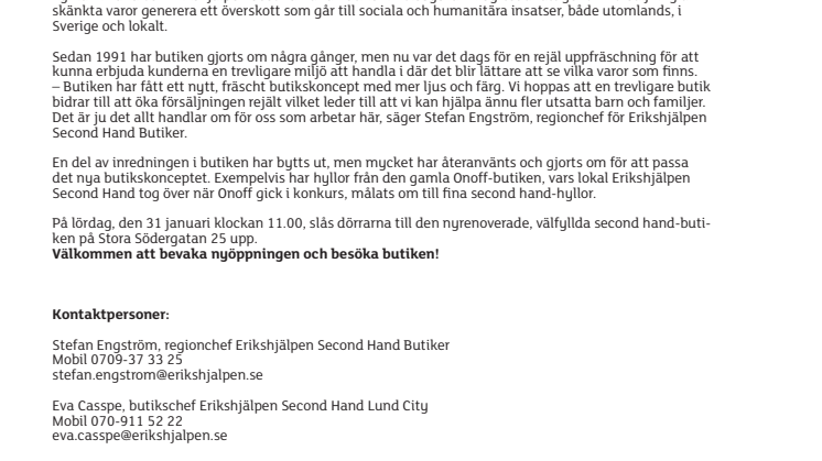 Erikshjälpen Second Hand Lund City nyöppnar på lördag