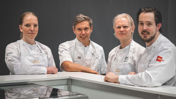 Team Sweden i Bocuse d'Or. Thilda Mårtensson, commis, Tommy Myllymäki, president, Martin Brag, coach, Jimmi Eriksson, kandidat/Sveriges representant