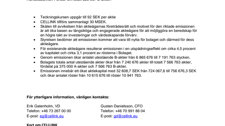 CELLINK genomför riktad nyemission av B-aktier om 30 MSEK till Handelsbanken Fonder 