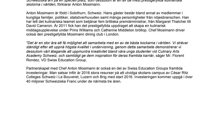 Världsberömda Chef Anton Mosimann går in i exklusivt samarbete med Swiss Education Group