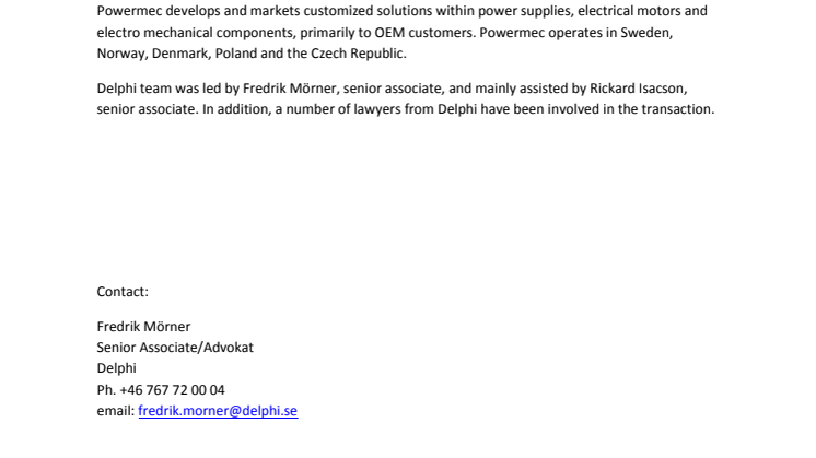 Delphi advisor to Addtech in the acquisition of Powermec AB