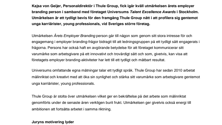Kajsa von Geijer, Thule Group, utnämnd till Årets Employer Branding person