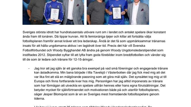 Lena Jerkhage och David Lycke, Floda BOIF,  tilldelas Woody Ungdomsledarstipendiet 2016