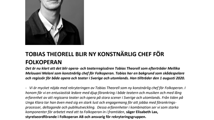 Tobias Theorell blir konstnärlig chef på Folkoperan