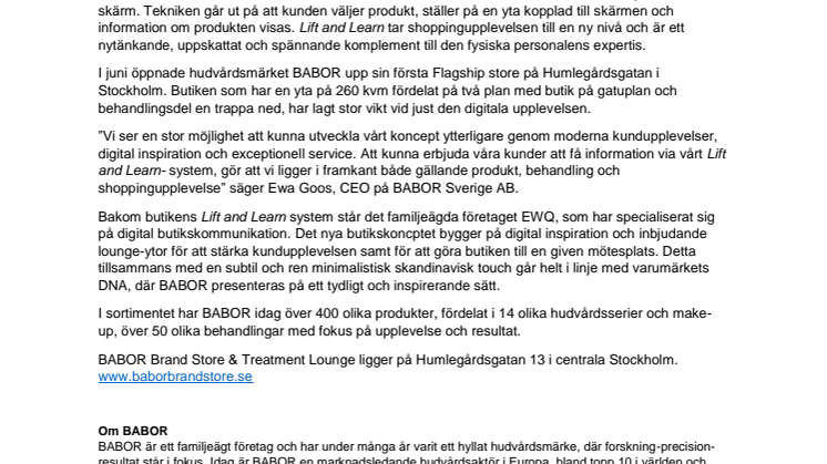 BABOR Brand Store & Treatment Lounge först ut i Sverige med digital inspiration genom Lift & Learn teknologin