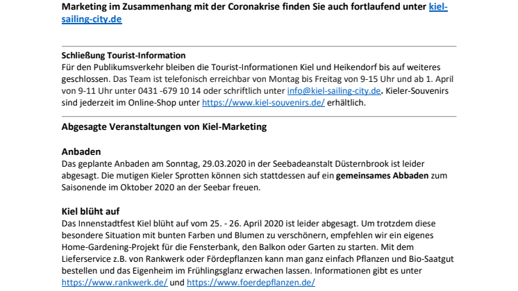 Aktuelle Informationen zu den Produkten & Dienstleistungen der Tourist-Information Kiel