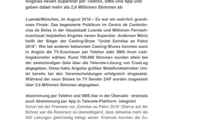 CreaLog Televote feiert großen Erfolg bei der Casting-Show ‚Unitel Estrelas ao Palco 2018‘
