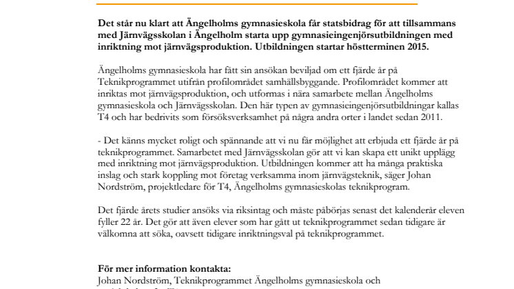 Utbildning till gymnasieingenjör inom järnvägsteknik startar i Ängelholm
