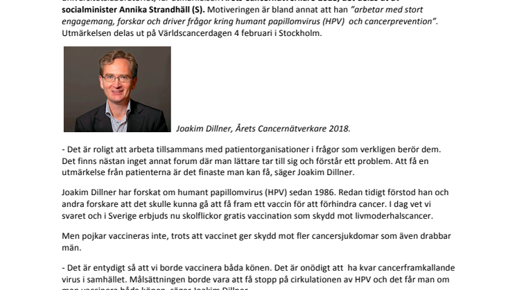 Professor Joakim Dillner Årets Cancernätverkare ”Det är onödigt att vi har kvar cancerframkallande virus i samhället”