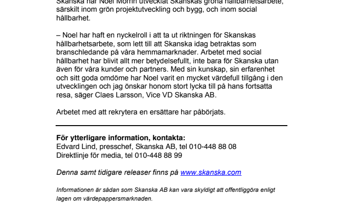 Noel Morrin, Senior Vice President Sustainability, lämnar Skanska