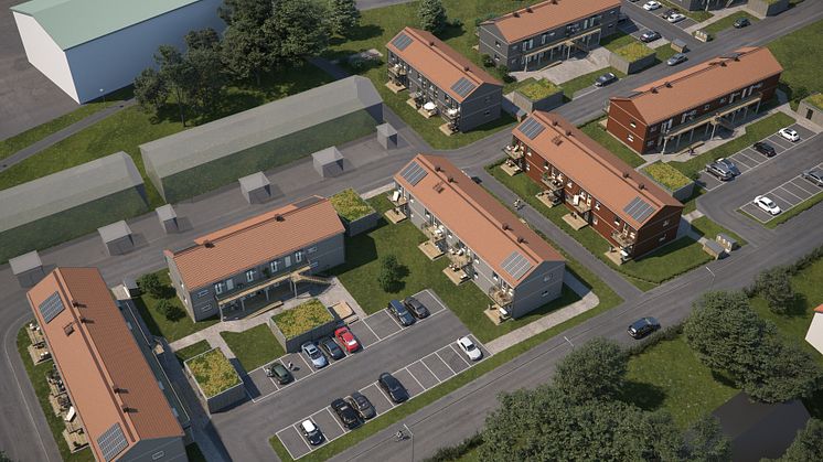 Översiktsillustration av det nya kvarteret BoKlok Krysset i Bålsta. 