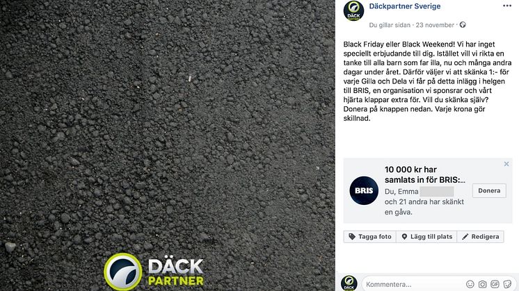 Däckpartner valde att lyfta en välgörenhetsorganisation under Black Friday. 