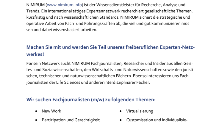 NIMIRUM Ausschreibung Fachjournalisten