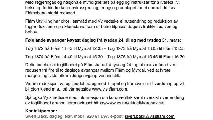 Ruteendring på Flåmsbana frå tysdag 24. mars 2020