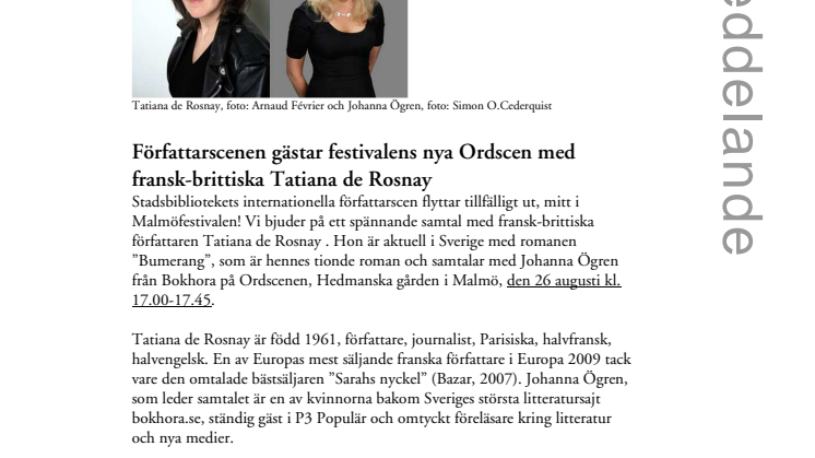 Författarscenen gästar festivalens nya Ordscen med fransk-brittiska Tatiana de Rosnay