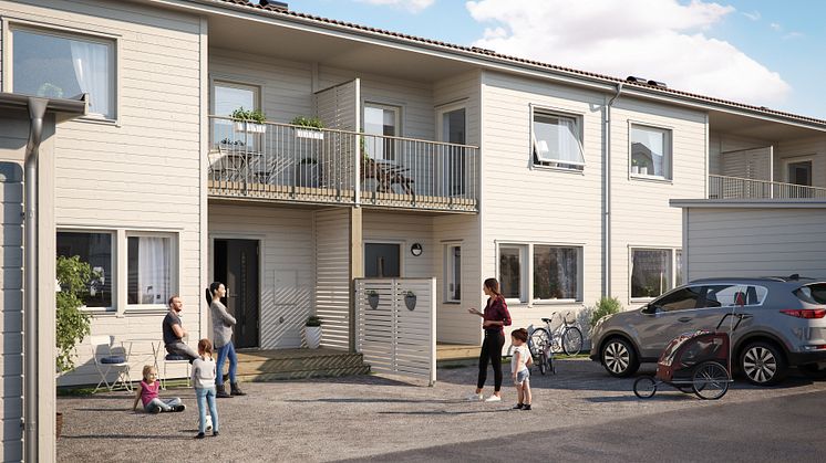 Illustration av entrésida med uppfart, förstukvist och balkong, BoKlok Hörnan i Bålsta.