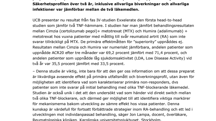 UCB presenterar resultat från den första head-to-head studien mellan Cimzia och Humira för behandling av bionaiva patienter med reumatoid artrit