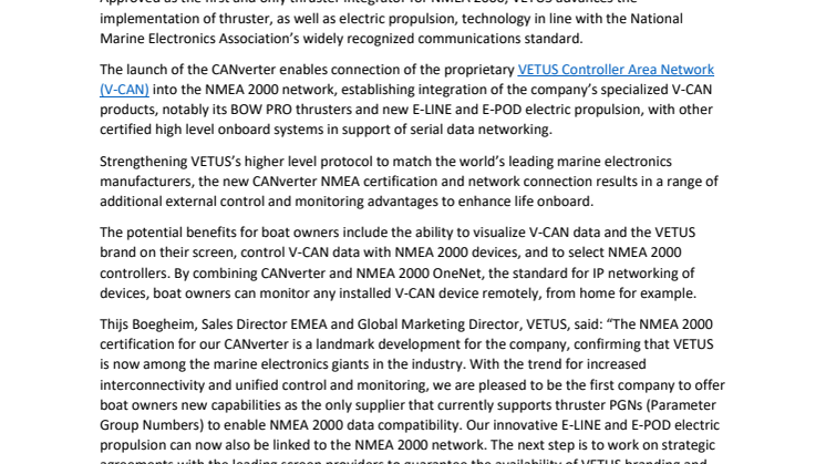 VETUS Certified as First Thruster Integrator for NMEA 2000