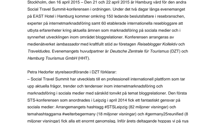 Svenska bloggare till Social Travel Summit den 21 april i Hamburg #STSHamburg