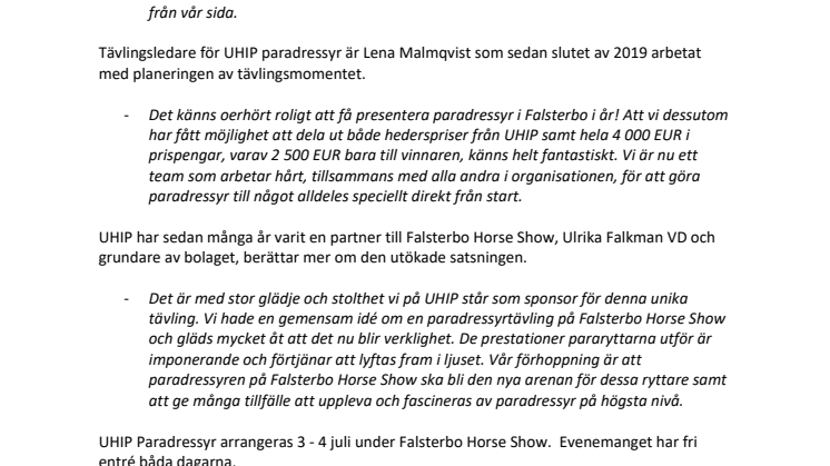 Premiär för UHIP Paradressyr under Falsterbo Horse Show!