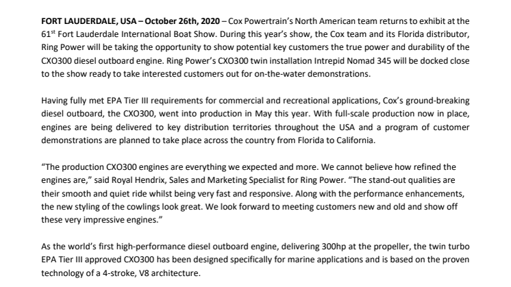 FLIBS 2020: Cox Powertrain and its Florida distributor, Ring Power to demonstrate the production CXO300