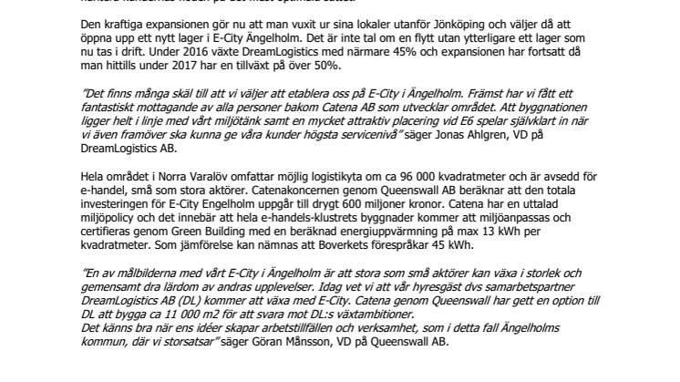 DreamLogistics väljer E-City i Ängelholm för fortsatt expansion.