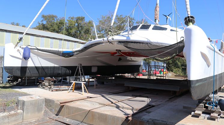 Hi-res image - YANMAR - 52-foot Hitchhiker sailing catamaran, SV X-IT, in the slipway