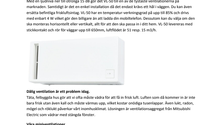 Mitsubishi Electric lanserar miniventilation VL-50
