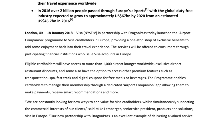 Visa launches a new benefit to European cardholders in partnership with DragonPass 