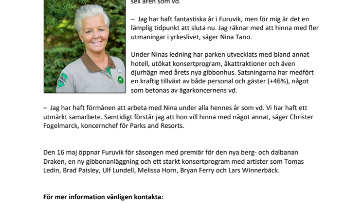 Nina Tano lämnar Furuviksparken efter 11 år
