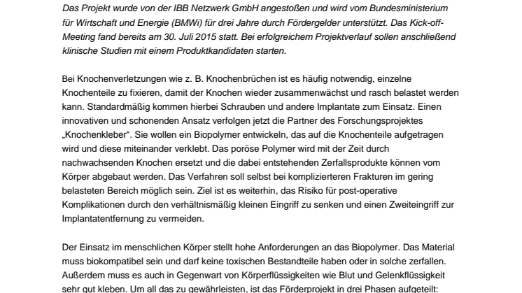 „Knochenkleber“ – Innovative Medizin startet als BMWi-Projekt